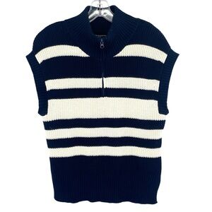 French Connection Quarter Zip Sleeveless Sweater Navy Cream Striped